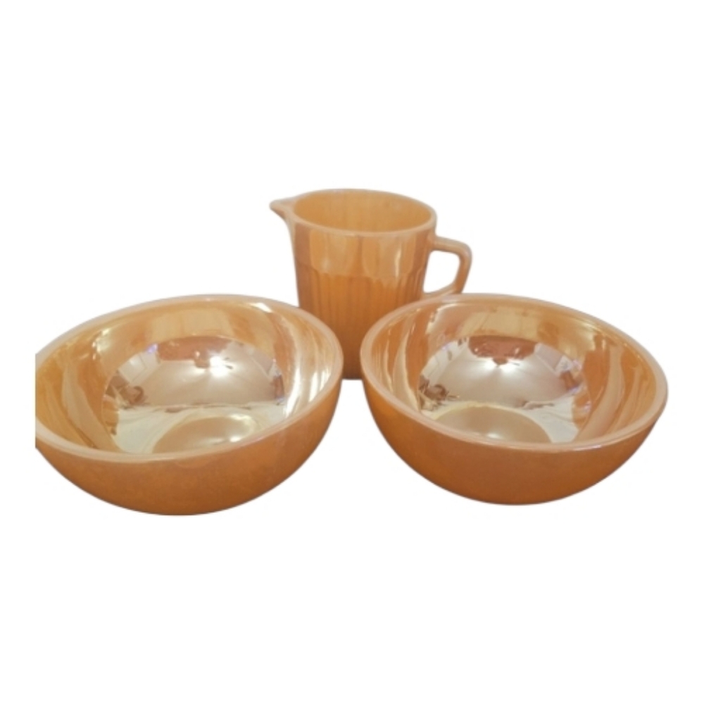 Peach FIRE KING bubble Bowl Pitcher Set. Vintage